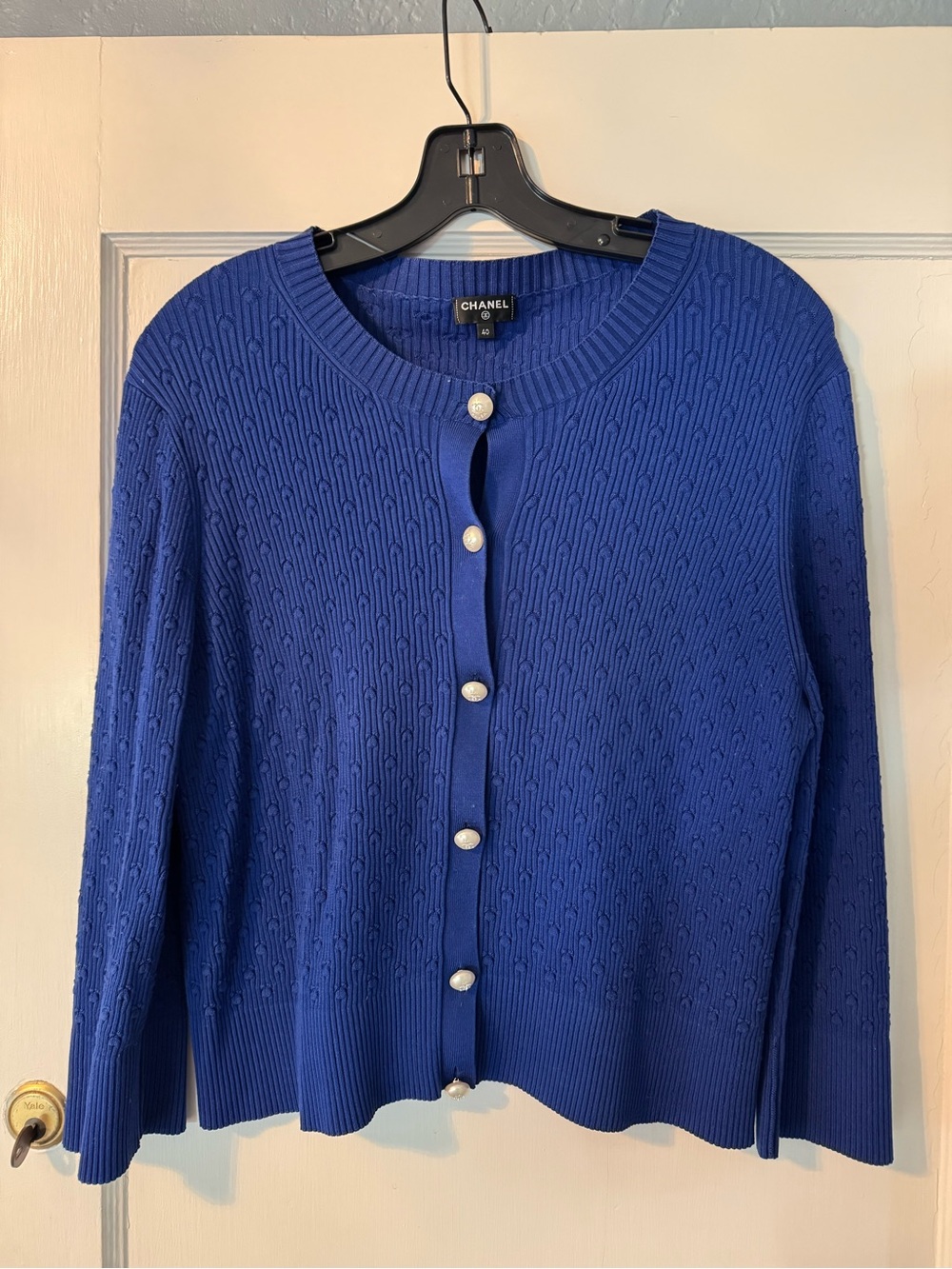CHANEL Blue La Pausa Knit Cardigan with Pearl Buttons